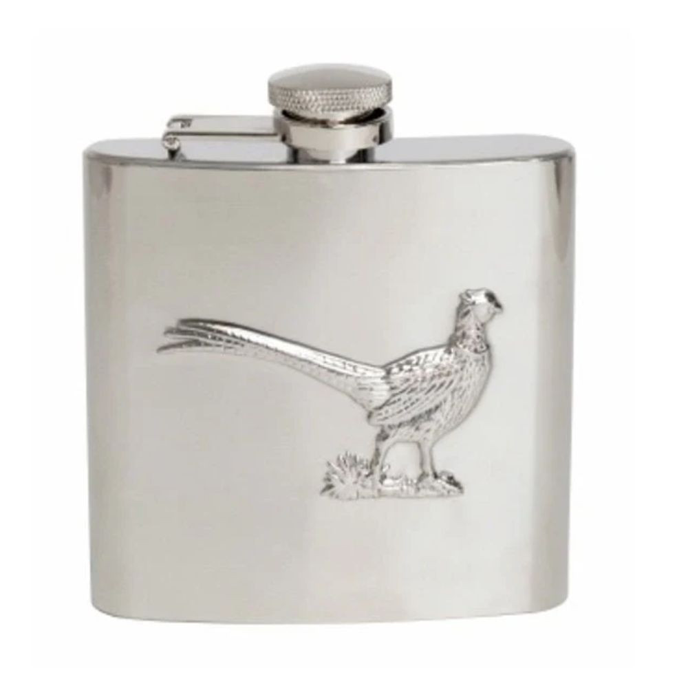 Stainless steel hip flask with embossed pheasant – 6oz flask featuring detailed countryside design, ideal for country gift giving
