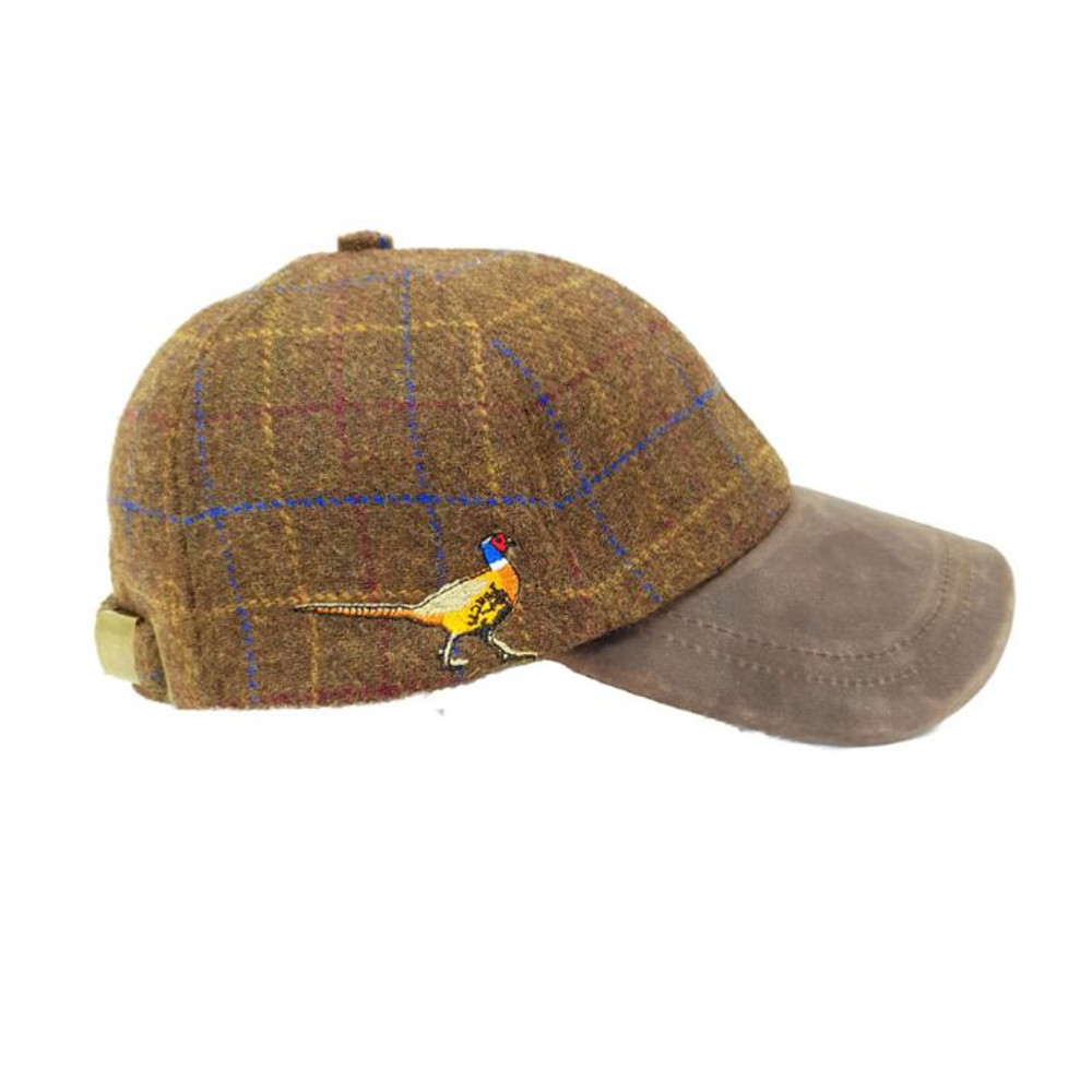 Brown Tweed baseball cap with standing pheasant embroidery