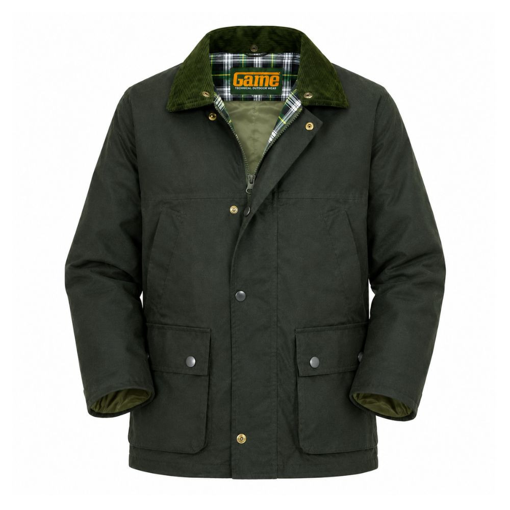 Game Kids Wax Jacket in Olive with quilted lining and detachable hood a traditional boys wax jacket