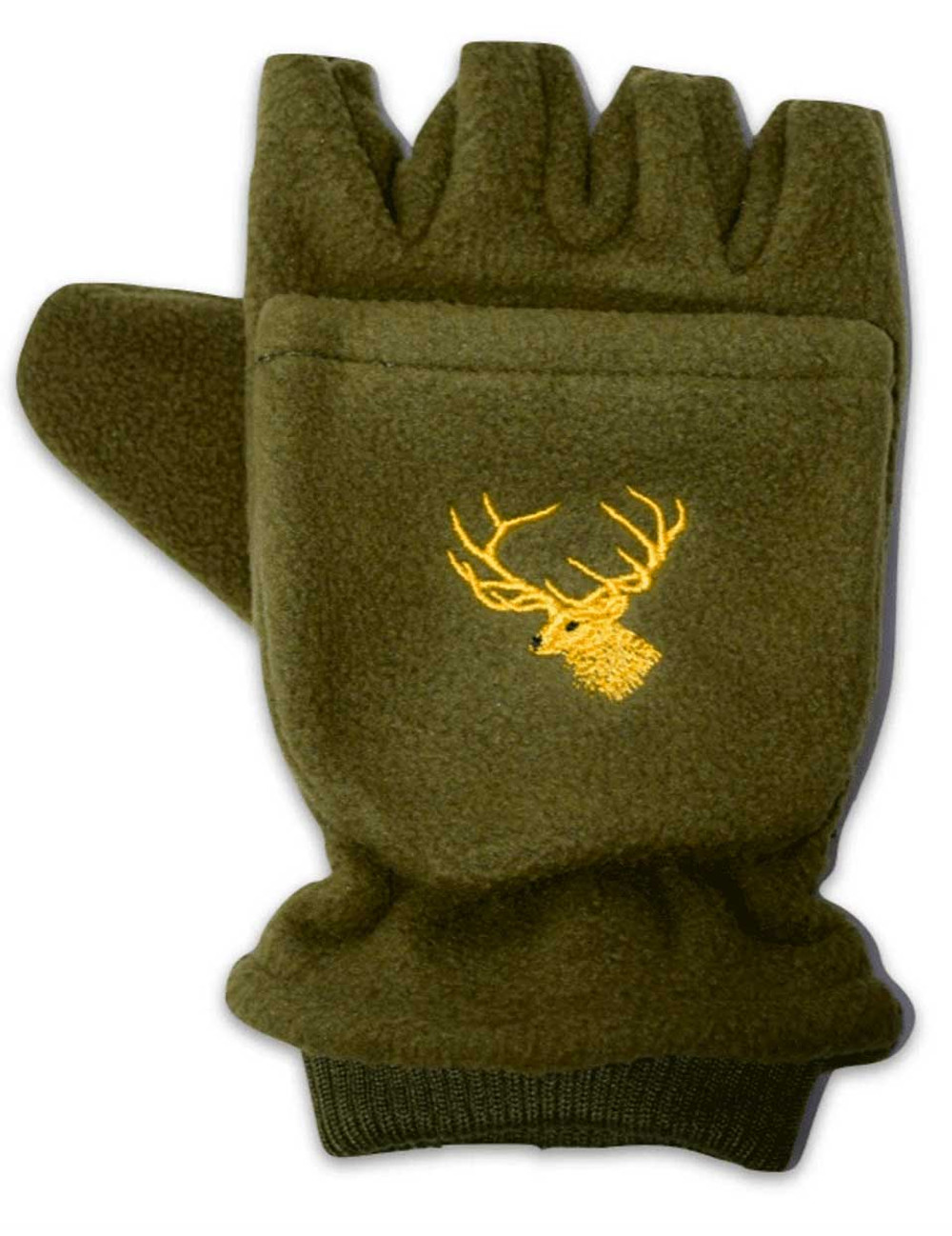 Dark green fleece shooting mittens with Stag Head embroidery with mitten flap for fingertip coverage