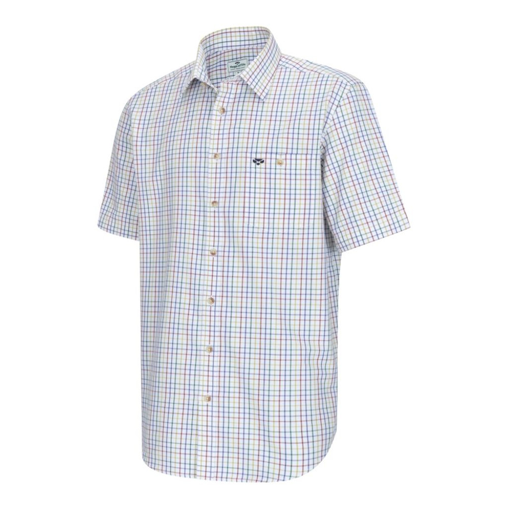 Front view of Hoggs of Fife Kessock Short Sleeve Shirt in Green and Red check for summer wear