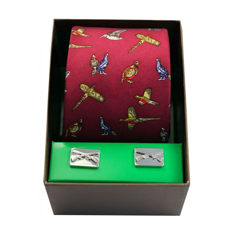 Flying country birds on Wine silk tie and cufflinks gift set Flying country birds on Wine silk tie and cufflinks gift set