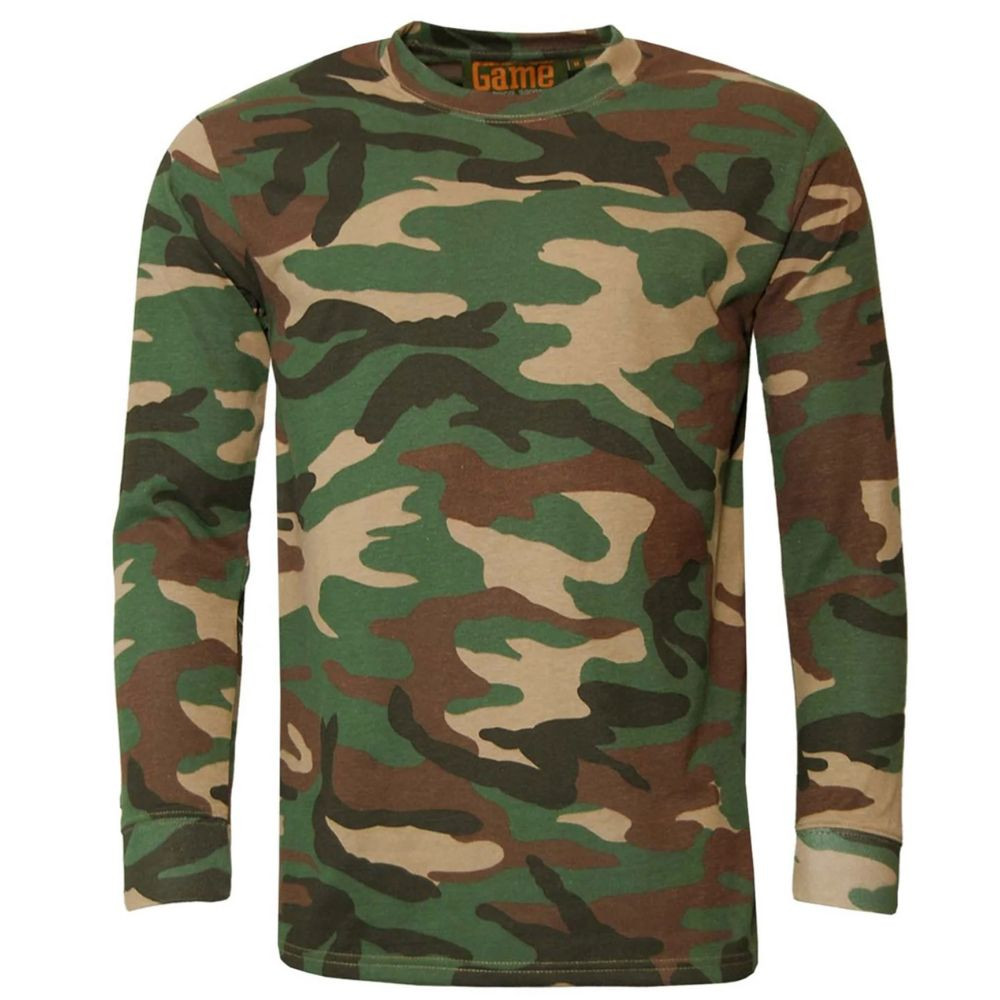 Game woodland camo long sleeve t-shirt ideal for hunting, shooting, or blending into the countryside