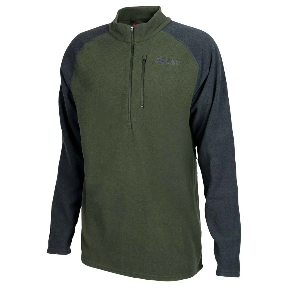 Stoney Creek Microplus Top in Phantom Rosin, front view with contrast sleeves and zipped chest pocket