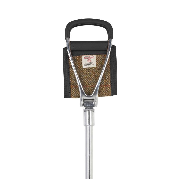 Black leather and brown Harris Tweed shooting seat stick with stainless steel frame – a stylish walking stick with seat for countryside use
