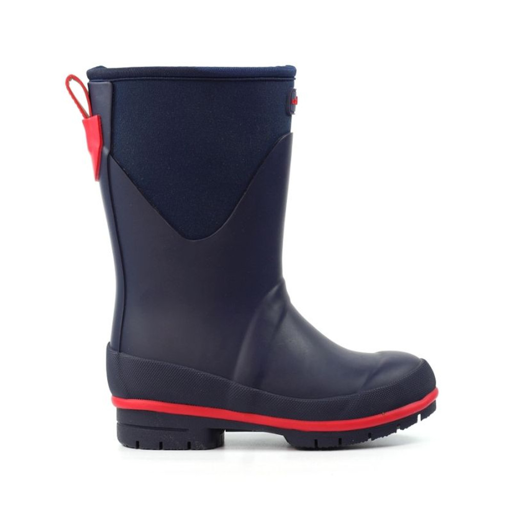 Side view of Lazy Dogz Splash navy childrens neoprene wellie built for comfort and support Side view of Lazy Dogz Splash navy childrens neoprene wellie built for comfort and support