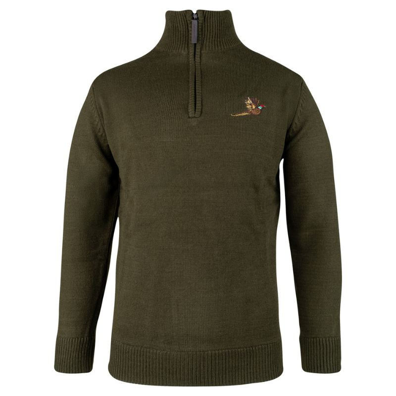 Front view of Jack Pyke pheasant zip neck pullover in green, designed for warmth during country pursuits