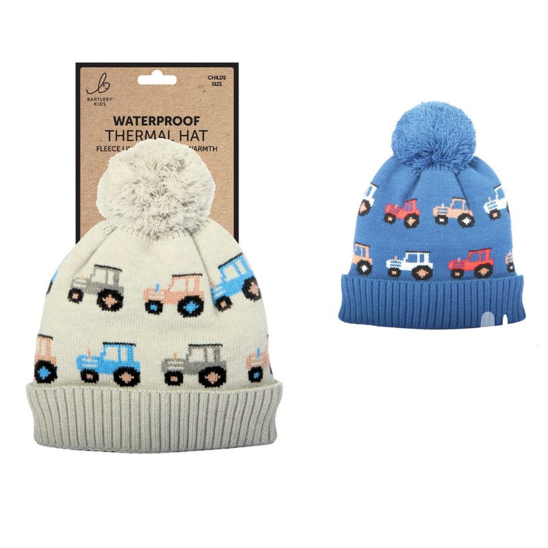 Bartleby Childs Waterproof Bobble Hat Tractor design great for kids who love to help out on the farm
