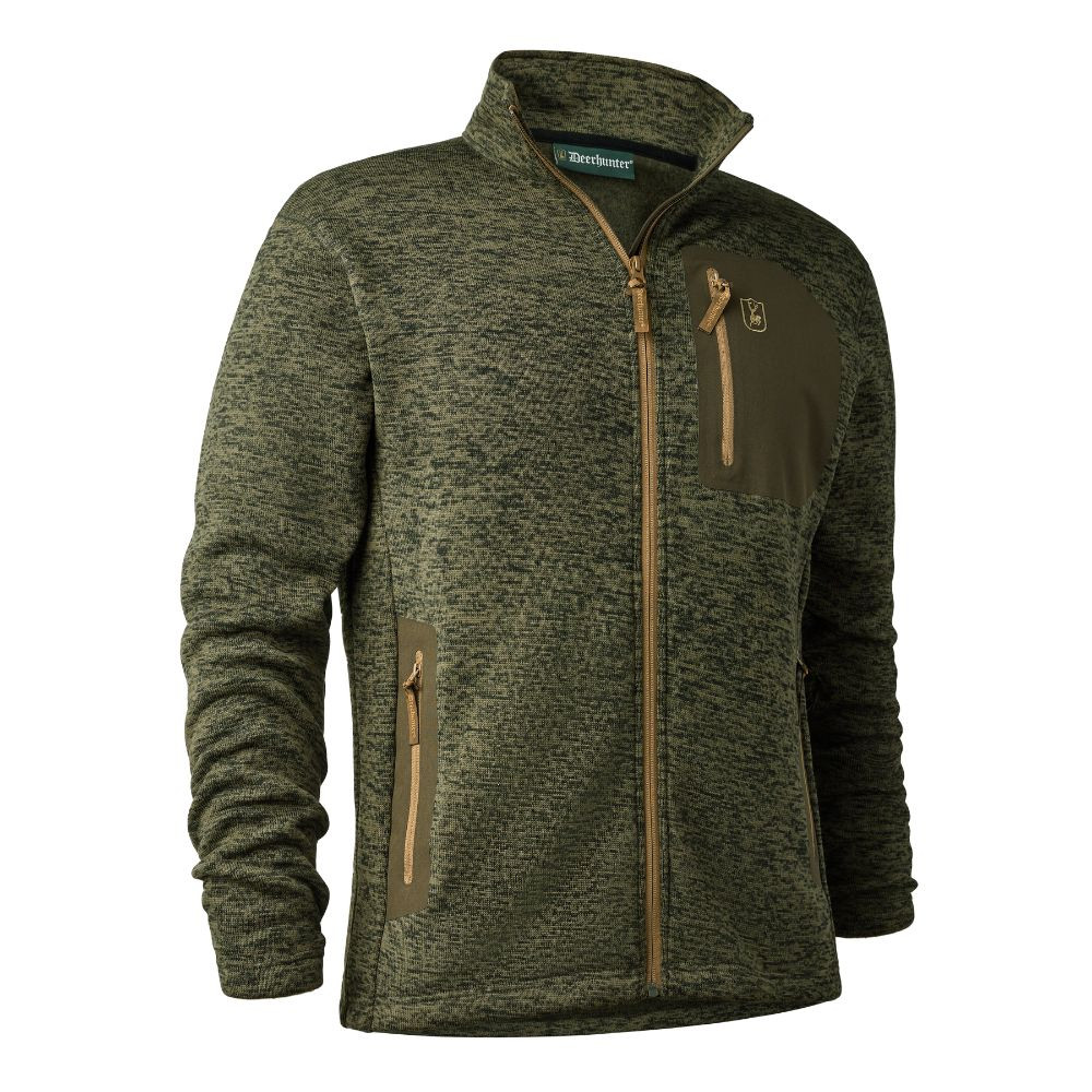 Deerhunter Sarek knitted jacket in olive green with full zip and multiple zipped pockets, angled view