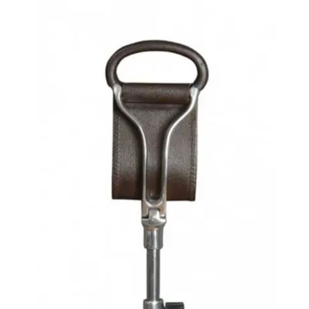 Close-up of the dark brown leather sling seat on the Brown Leather Adjustable Shooting Stick with stitched leather finish.