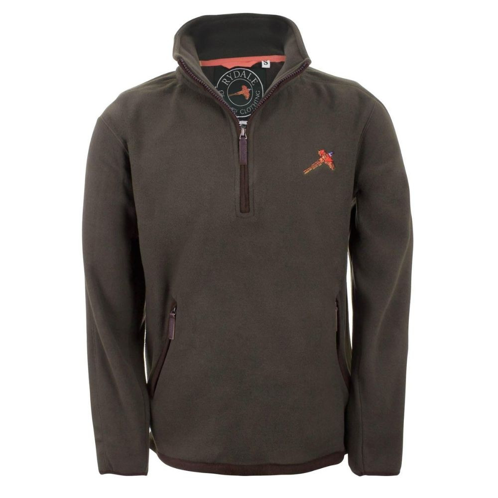Front view of the Rydale Men's Gransmoor Half Zip Fleece in olive green with half zip fastening, zipped pockets and embroidered pheasant detail.