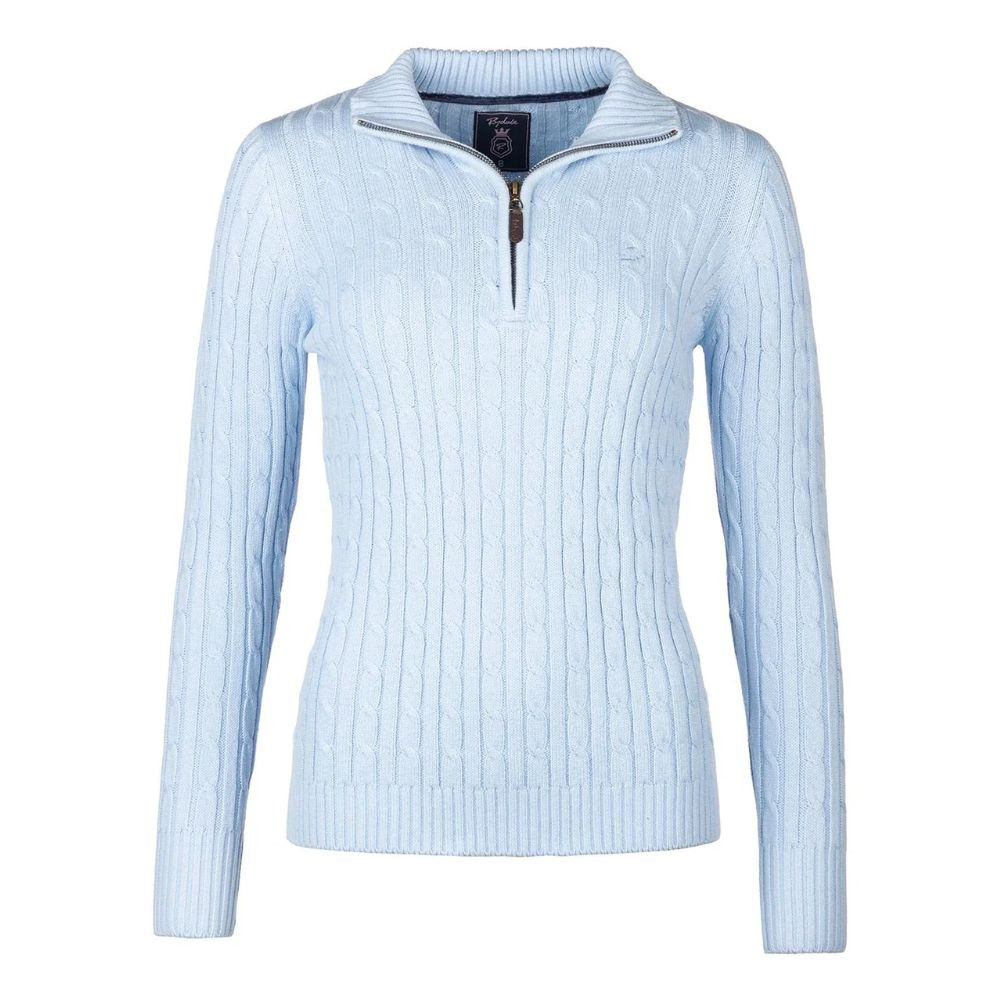 Rydale Emma Quarter Zip Cable Knitwear in Soft Blue with fitted cable knit design and quarter zip fastening