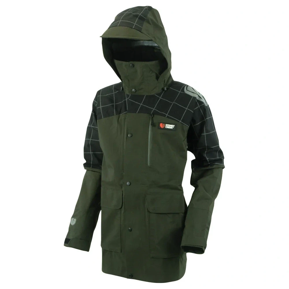 Stoney Creek Force 25 Jacket in green and black, front view with hood up