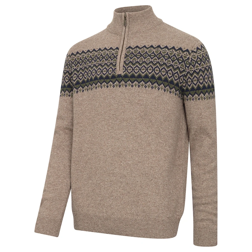 Hoggs of Fife Colonsay Fair Isle 1/4 Zip Pullover in oatmeal, front view