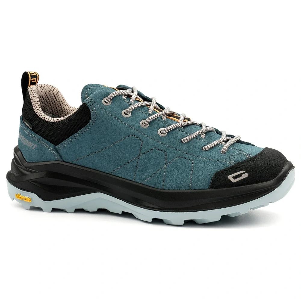 Side profile of Grisport Lady Elwood Waterproof Walking Shoe in teal with black midsole and pale blue Vibram tread