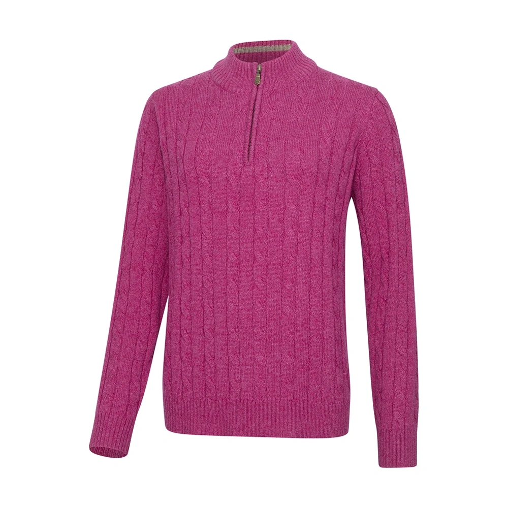 Front view of Hoggs of Fife Charlotte Cable 1/4 Zip Pullover in pink, showing quarter zip, ribbed collar and cable-knit design