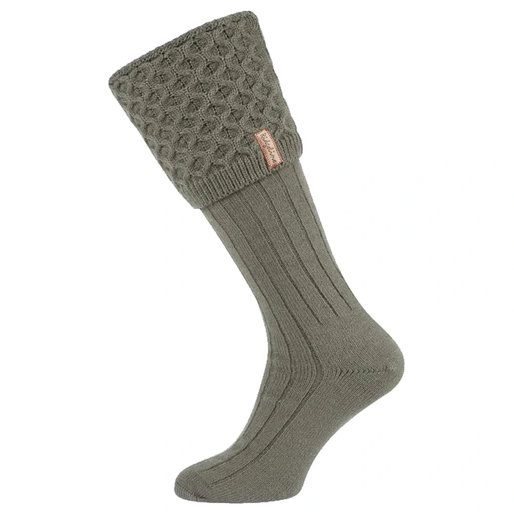 Ridgeline Double Cuff Welly Sock in Moss, side view showing the knitted cuff