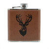 Leather-wrapped stainless steel 6oz hip flask with engraved stag perfect for field sports or gifting