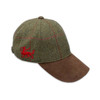 Side view of green tweed baseball cap with red Welsh dragon embroidery and suede peak