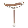 Tan adjustable shooting stick with padded leather seat and stainless steel frame open