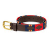 Red and navy Rydale Askwith Polo Belt with smooth leather backing and brass effect buckle.
