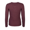 Back view of the Rydale Emma V Neck Cable Knit Jumper in burgundy, featuring a classic cable knit pattern, ribbed hem and cuffs.