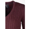 Rear view of the Rydale Emma V Neck Cable Knit Jumper in burgundy with a classic cable knit design and ribbed hem and cuffs.