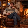 Man wearing the Hoggs Colonsay Fair Isle pullover next to a fire