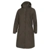 Front view of Hoggs of Fife Ardross Pro Ladies Long Riding Coat in olive, showing hood, zip fastening and long-length design