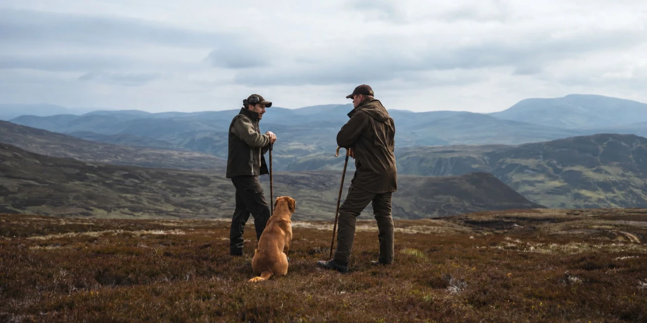 Two men wearing country shooting clothing with a dog on an autumn moorland