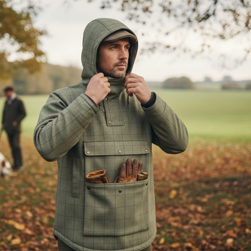 Men’s tweed stalking smock jacket with hood worn outdoors, showing waterproof country smock design