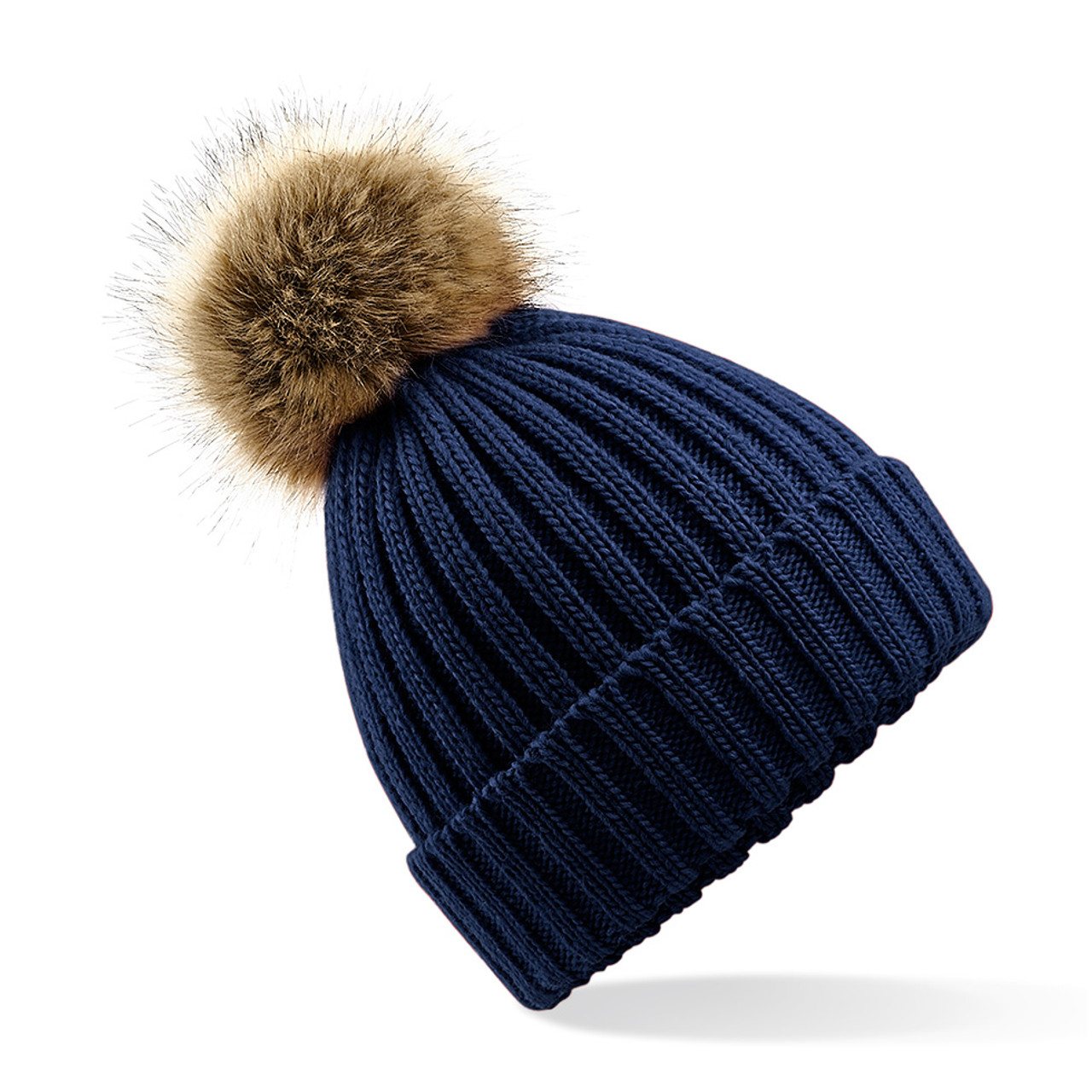 Ladies navy pom pom hat