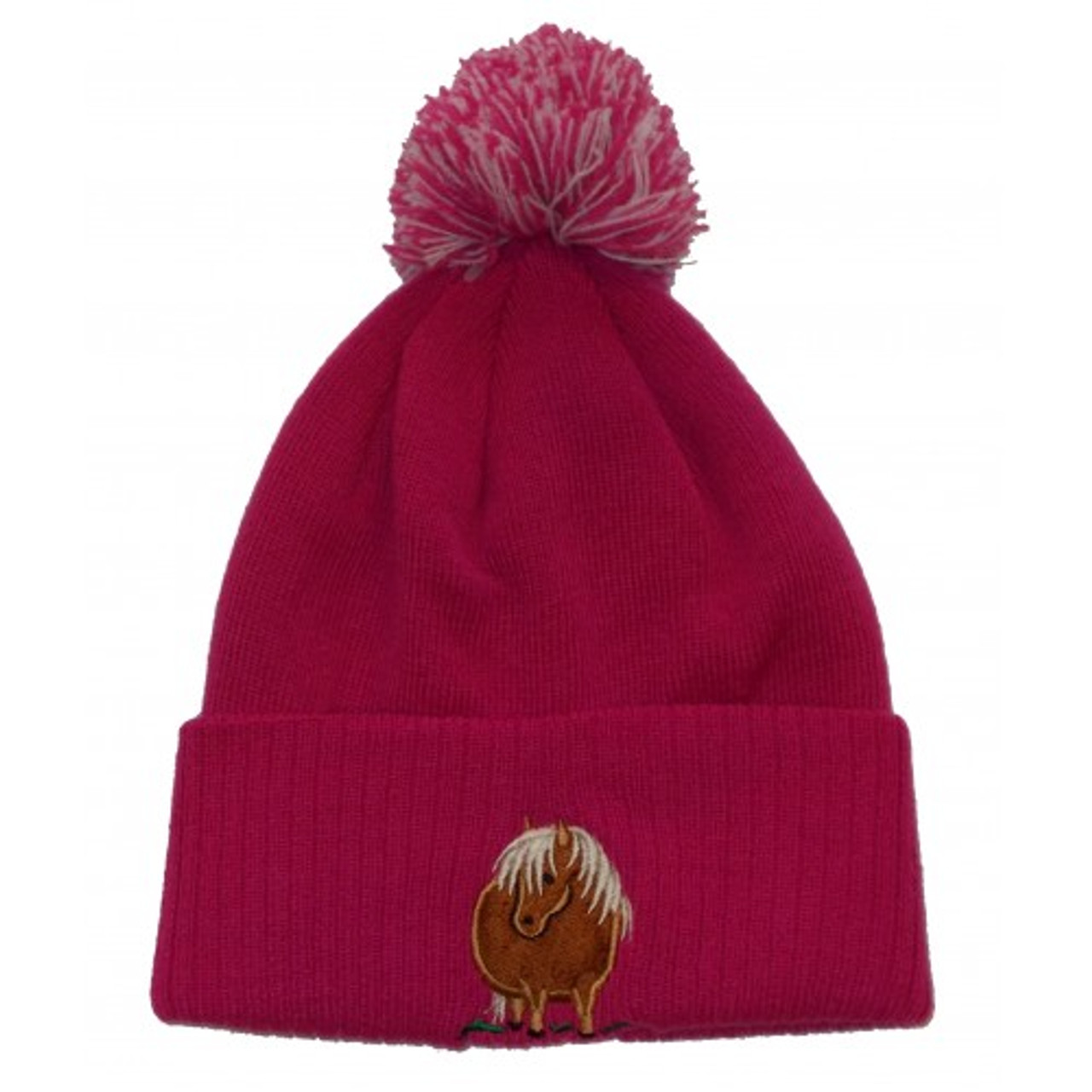 Pink pony knitted pom pom beanie, ideal for horsey girls