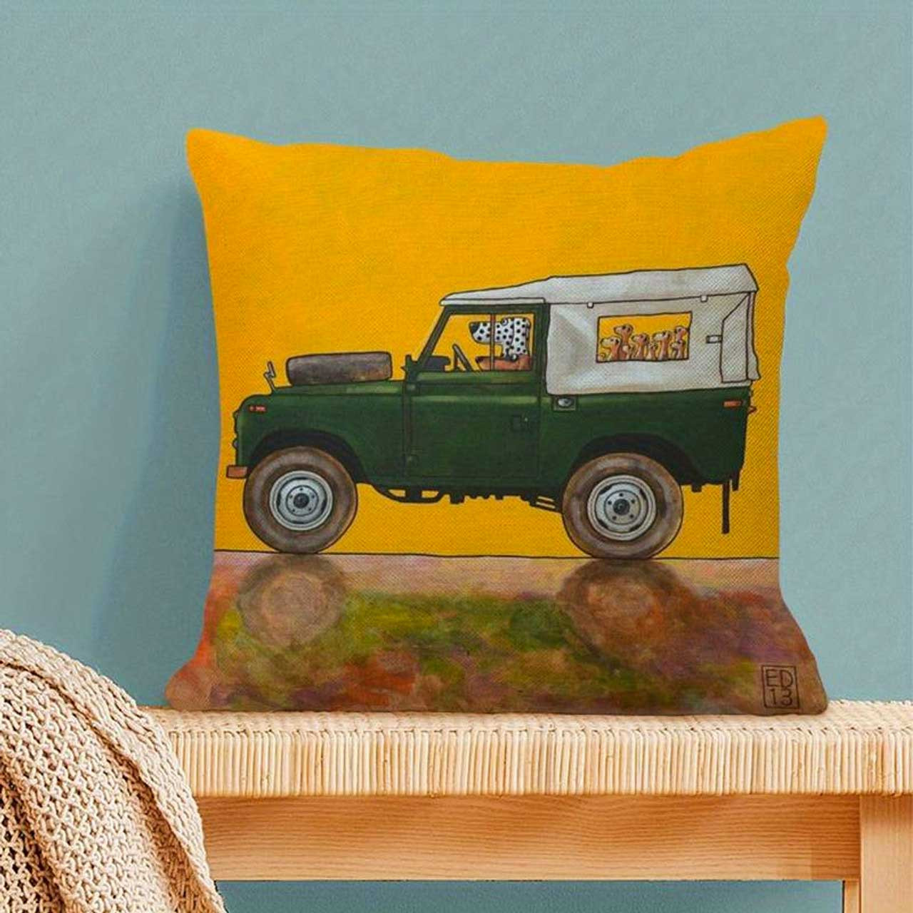 Dogs in Green Land Rover Cushion Cover