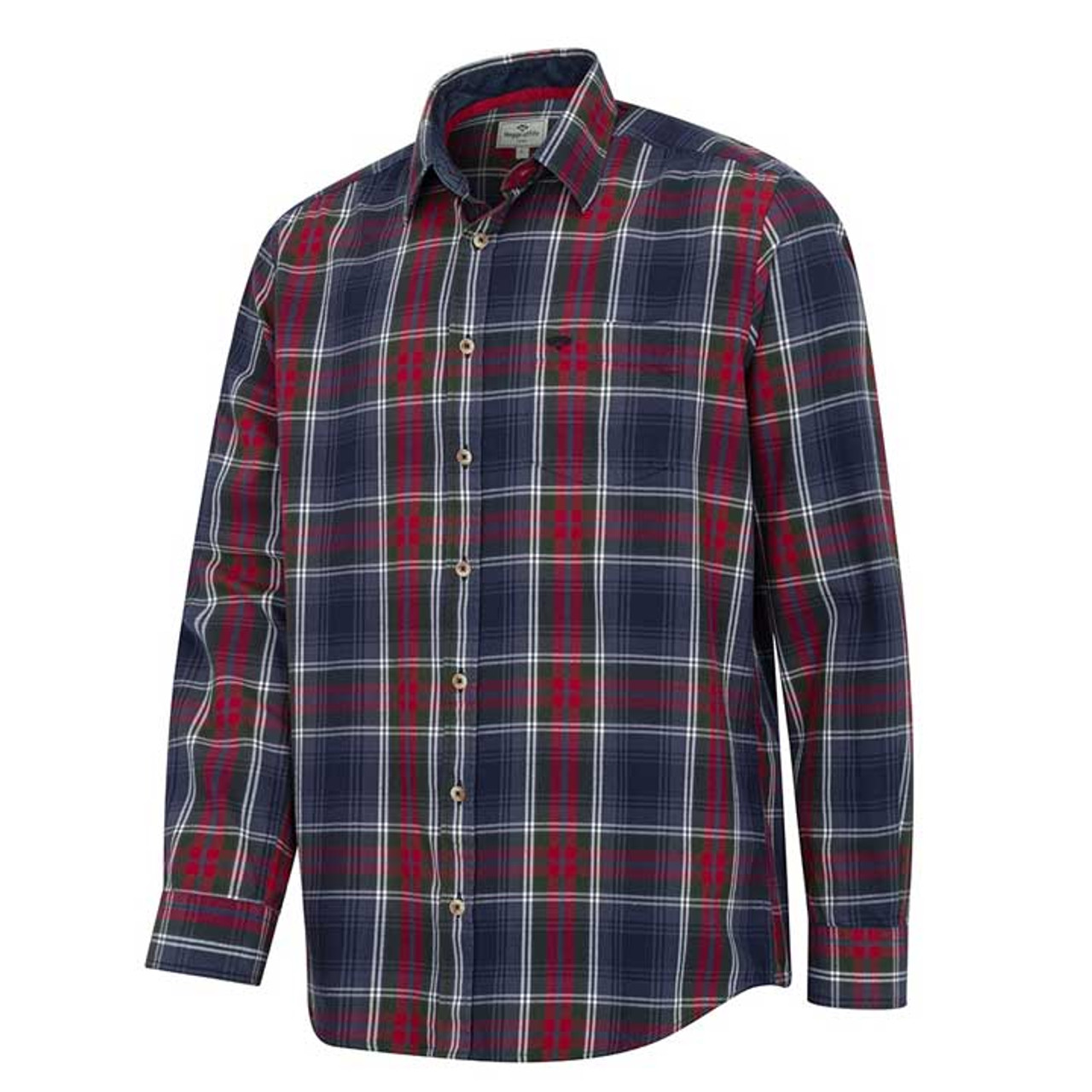 Hoggs of Fife Taransay check shirt in green, navy and red plaid, with button-down collar and chest pocket for country wear