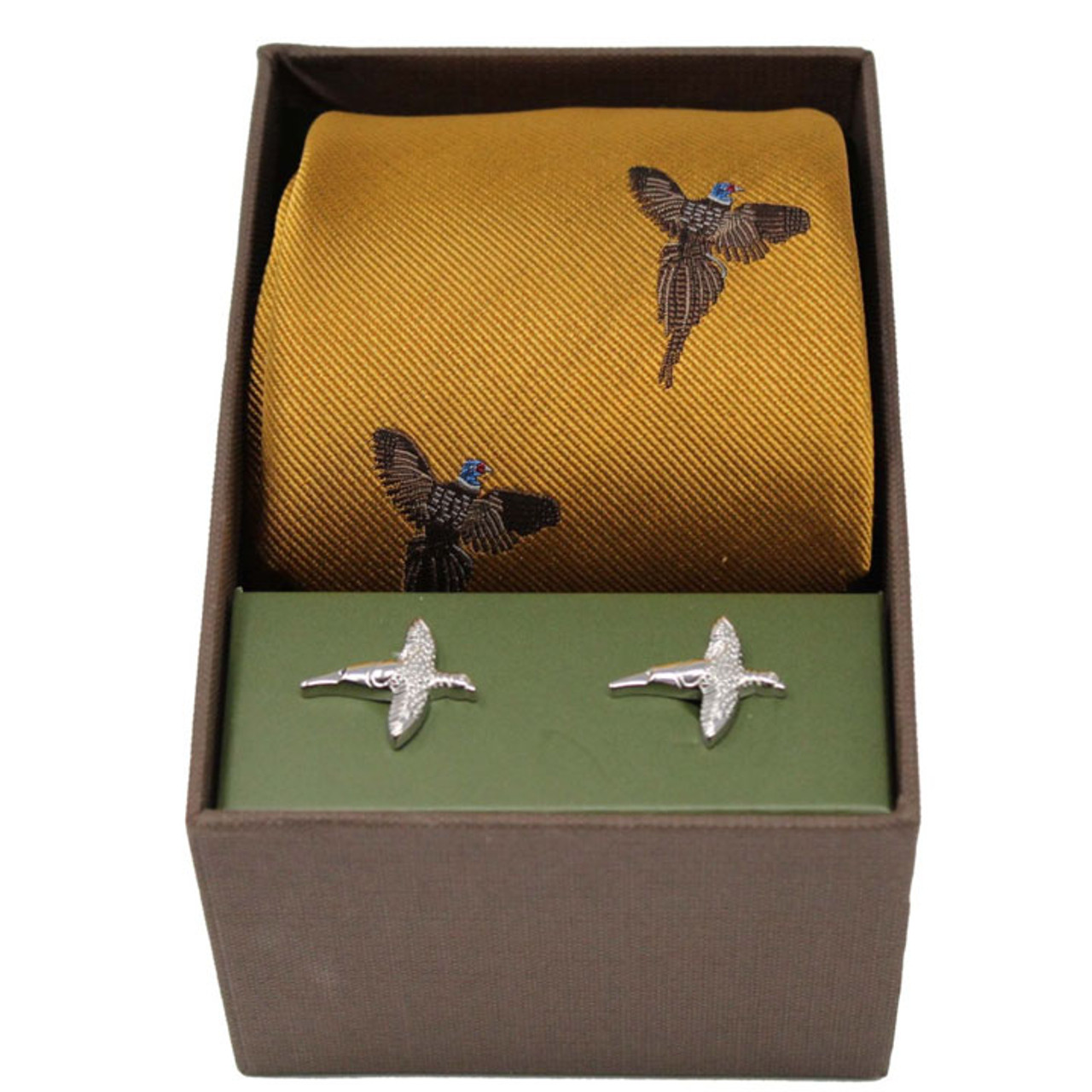 Gold Flying Pheasant Silk Tie & Shooting Cufflinks Set