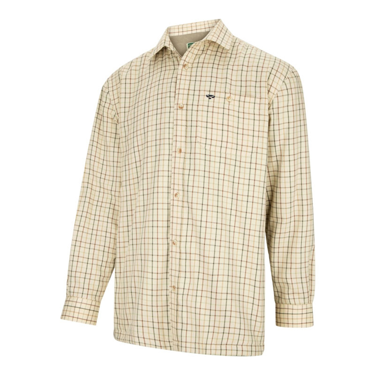 Hoggs of Fife Birch fleece-lined shirt in green and tan check, with brushed outer and warm microfleece lining for outdoor work