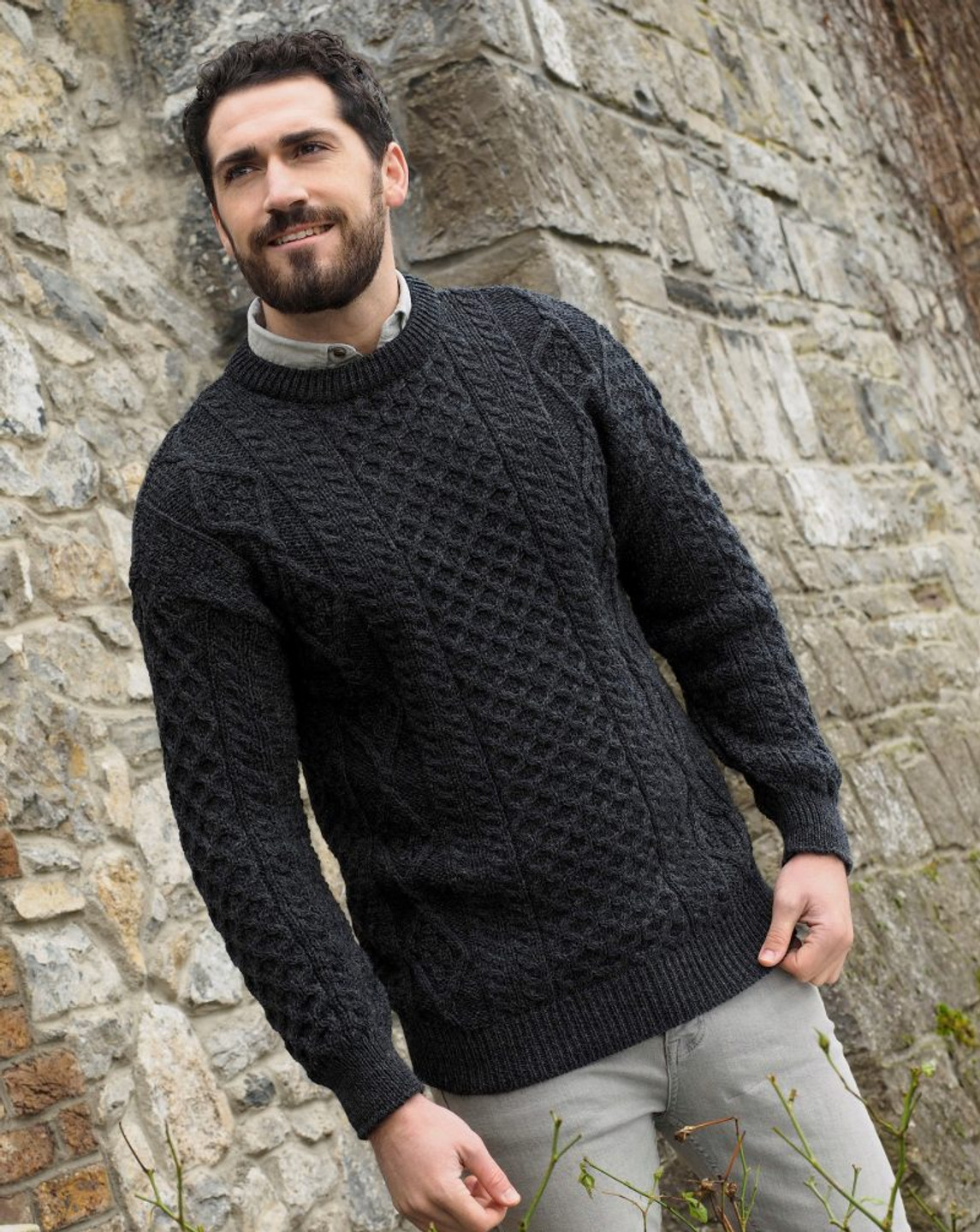 Irish Aran Crew Neck Sweater in Charcoal | Gift Ideas