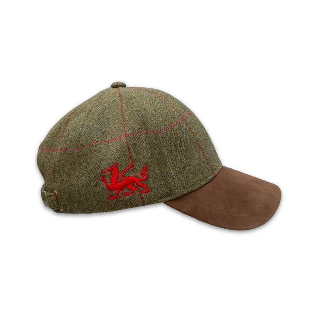 Tweed Baseball Cap with Welsh Dragon Embroidery