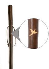 Pheasant engraving detail on chestnut hiking stave, a smart choice for shooters and beaters
