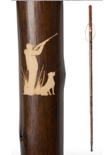 Detailed shooter and gundog engraving on chestnut hiking stave – great for country pursuits and walking support