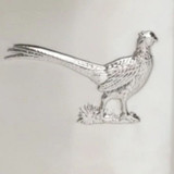 Close-up of embossed pheasant and countryside detail on stainless steel flask – a classic design for shooting days