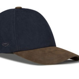 Close up of navy Hoggs of Fife Struther baseball cap showing peaked cap detail and stitching for country style and comfort