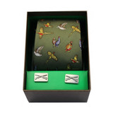 Country Birds on Silk Tie with Shotgun Cufflinks Gift Set