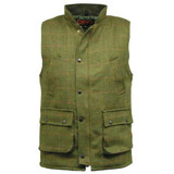Game tweed gilet in dark green with quilted lining and bellowed pockets