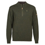Percussion Islande Embroidered Funnel Neck Sweater in khaki green, front view with embroidery and quarter zip