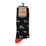 Bartleby funky bamboo hunting dog socks with black fabric, grey dog print and red toe, size 6-11