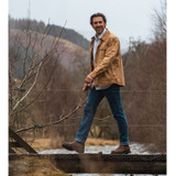 Man wearing Hoggs of Fife Huntly canvas overshirt tan waxed style for country walking