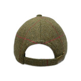 Green tweed baseball cap rear view with adjustable strap and red overcheck pattern
