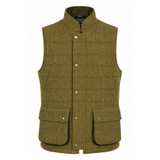 Game Ascot Men's Derby Tweed Gilet front view in olive tweed with large cartridge pockets and stand collar.